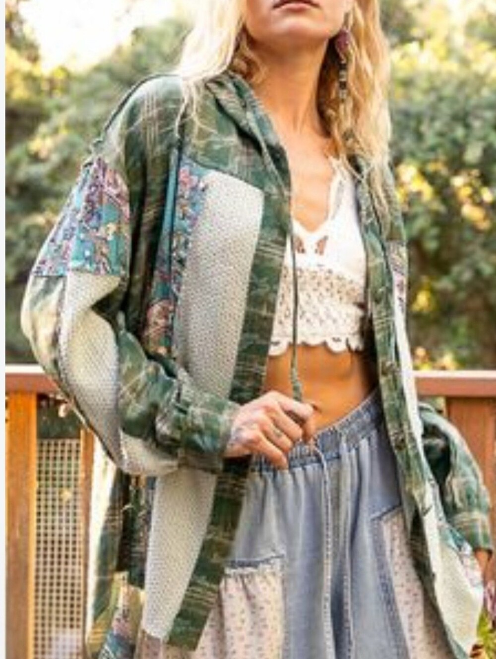 Pol Boho Patchwork Hooded in Green and Cream